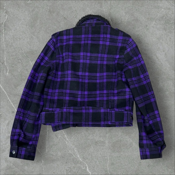 Aeropostale Bomber Jacket Womens Large Purple Faux Fur Collar Y2K Plaid Emo Goth - Picture 9 of 9
